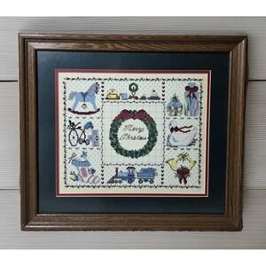 VTG Cottagecore Handmade Counted Cross Stitch Christmas 19"x17" Framed Complete